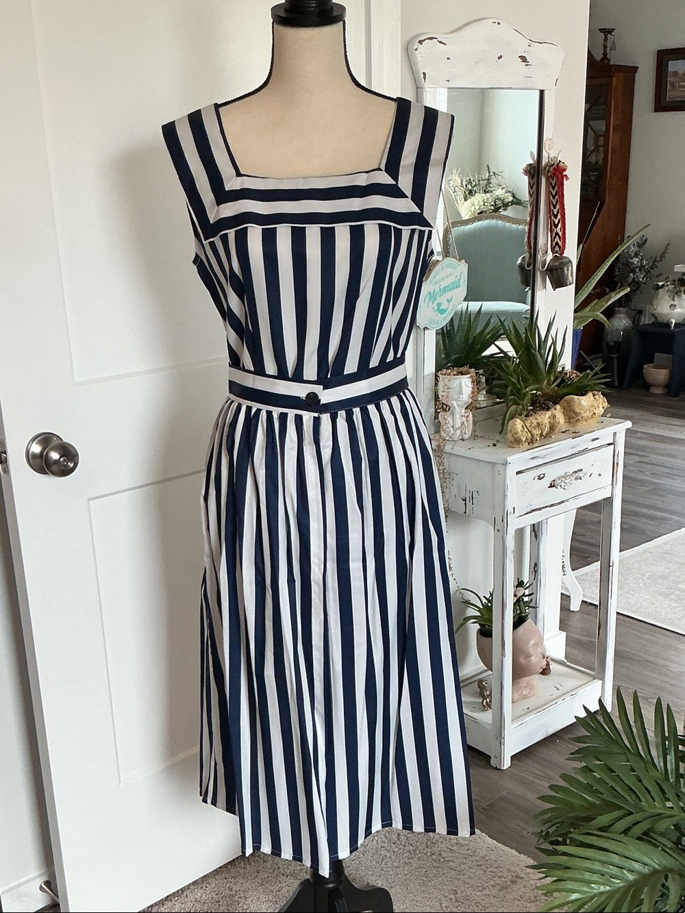 Navy and White Striped Midi Dress / Romper with Square Neck